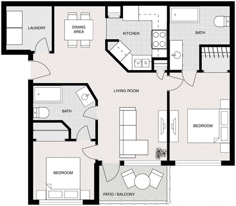 Floor plan for 2 beds, 2 baths, 918 sqft